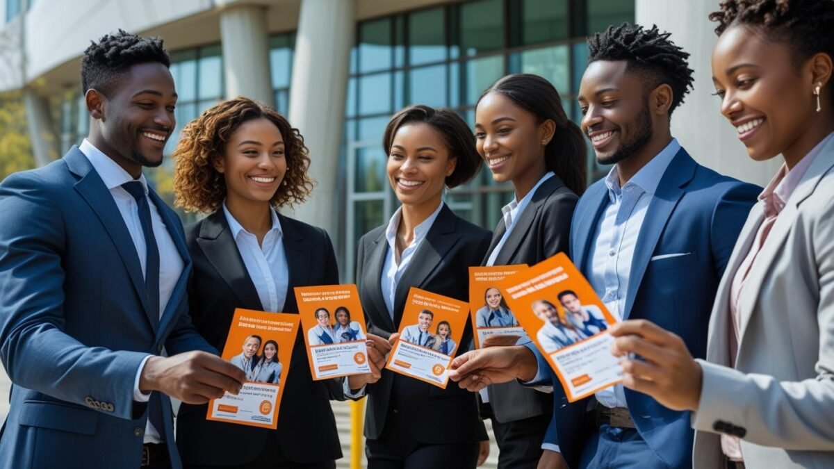 Equipe de panfleteiros sorridentes em trajes sociais segurando panfletos laranja, reunidos ao ar livre em frente a um prédio corporativo moderno, promovendo uma campanha ou serviço.