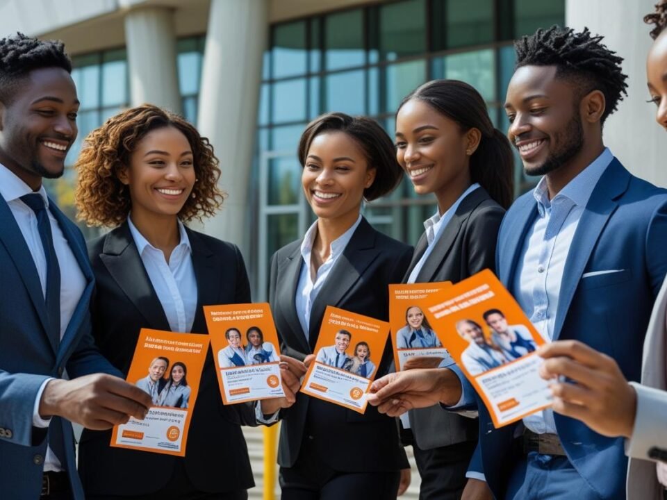 Equipe de panfleteiros sorridentes em trajes sociais segurando panfletos laranja, reunidos ao ar livre em frente a um prédio corporativo moderno, promovendo uma campanha ou serviço.