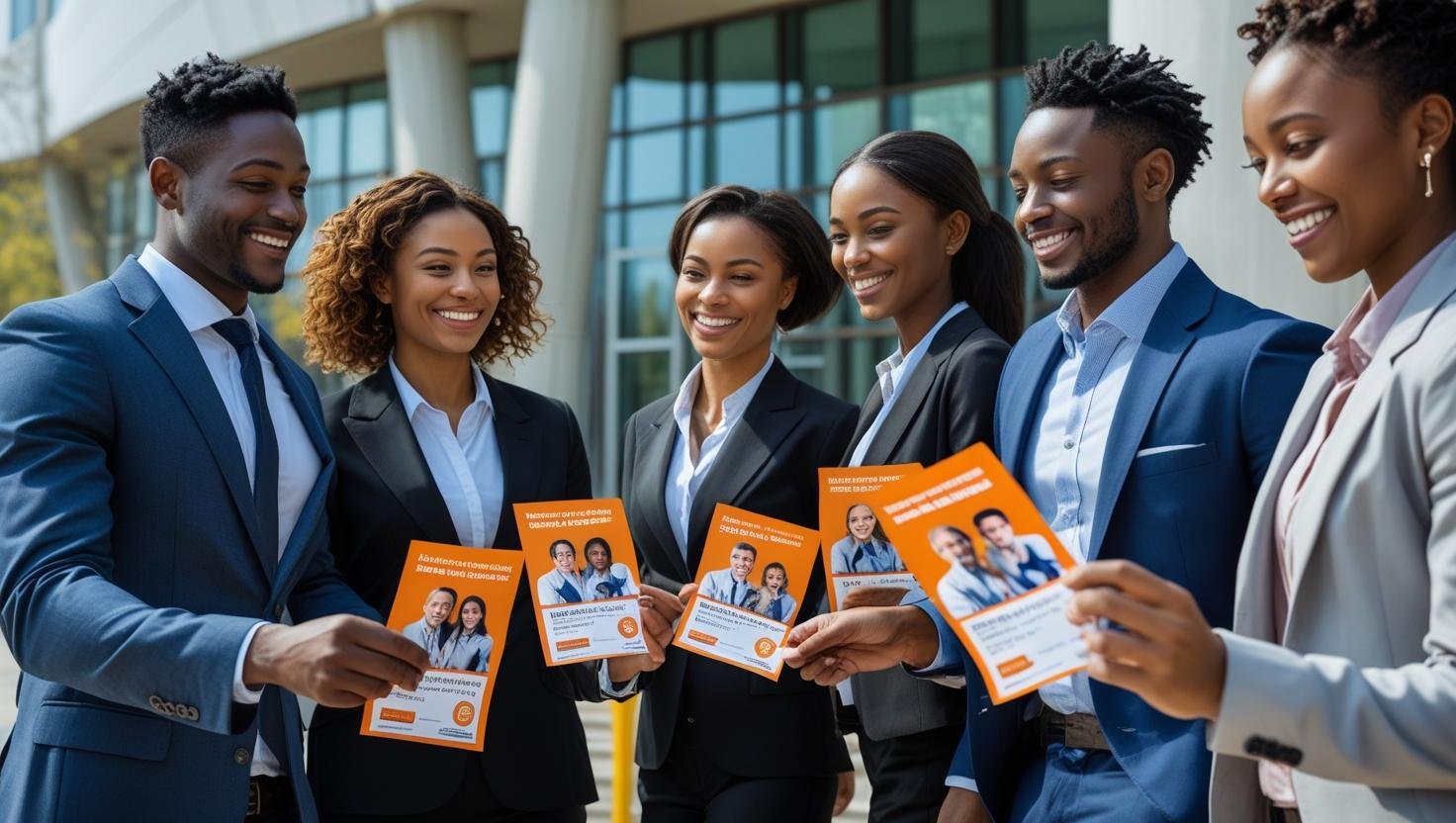 Equipe de panfleteiros sorridentes em trajes sociais segurando panfletos laranja, reunidos ao ar livre em frente a um prédio corporativo moderno, promovendo uma campanha ou serviço. 