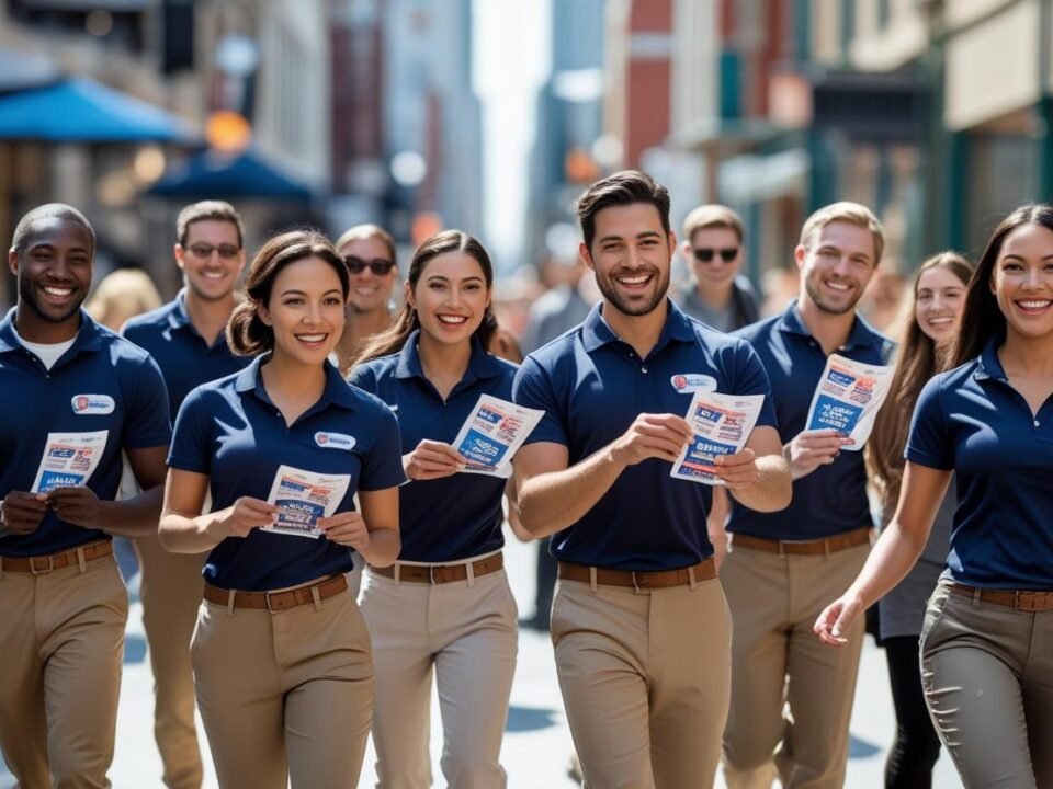 Equipe profissional distribuindo material em calçada movimentada — exemplo de como fazer panfletagem na rua com eficiência
