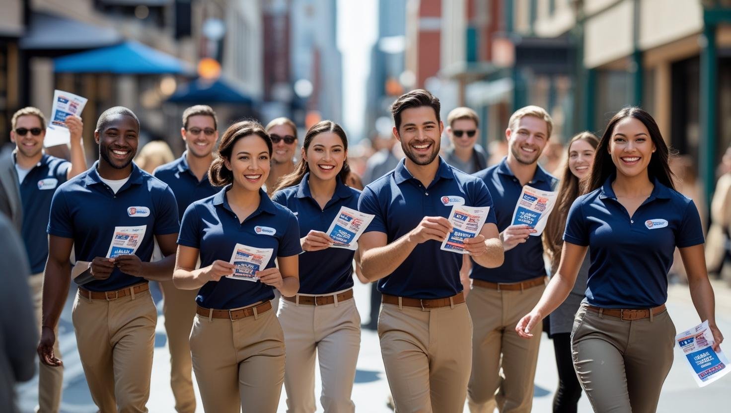 Equipe profissional distribuindo material em calçada movimentada — exemplo de como fazer panfletagem na rua com eficiência