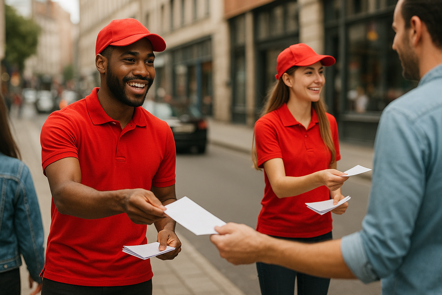 Equipe de panfleteiros distribuindo material em calçada movimentada — exemplo de como fazer panfletagem na rua com eficiência 