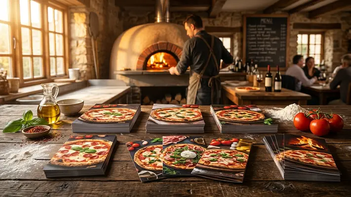 Design e elementos persuasivos de panfleto para pizzaria e delivery